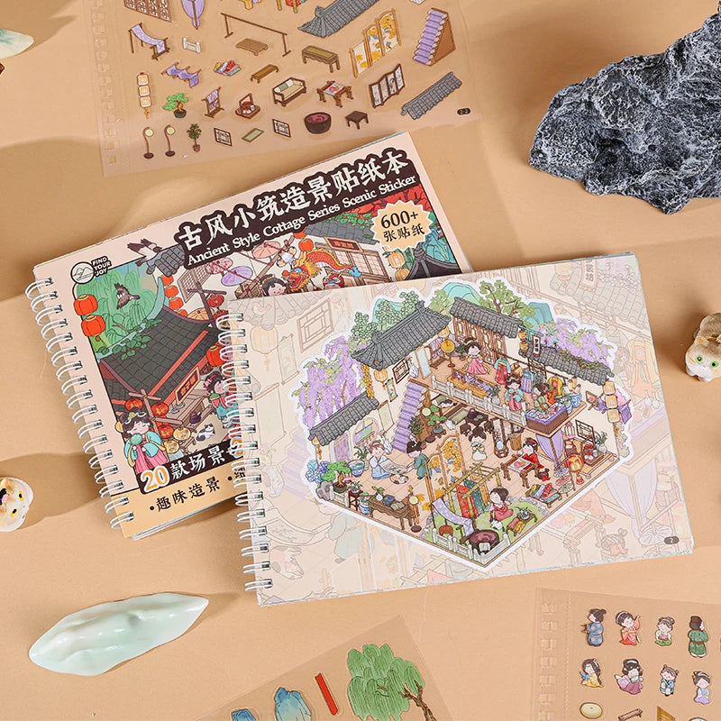 40Pcs Scenes Cartoon Landscape Sticker Book Ancient style building DIY 3D Sticker Cabin Scene Pocket Birthday Gift For Planner Qme