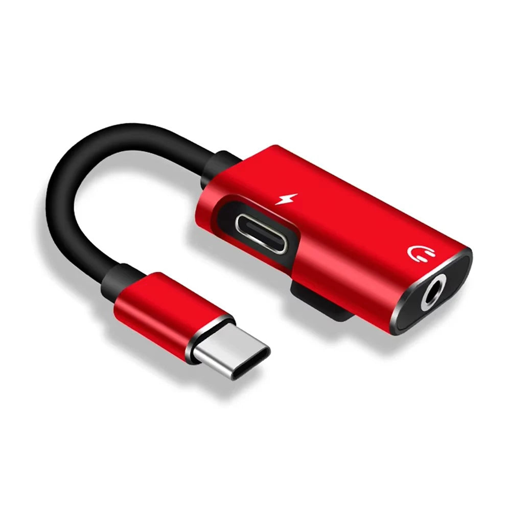2 In 1 Dualport Dispense Type C To 3.5mm Jack Adapter Type C Audio Splitter Headphone Cable Earphone Adapter Charger Accessories Qme Red
