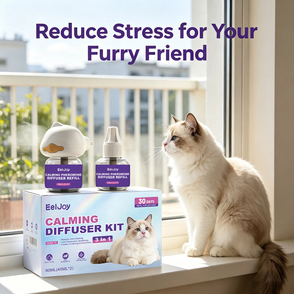 Cat Calming Pheromone Diffuser Kit Anxiety Relief Reduce Scratching Behavior Adapt Environment 3-in-1 Plug-In Calming Diffuser Qme