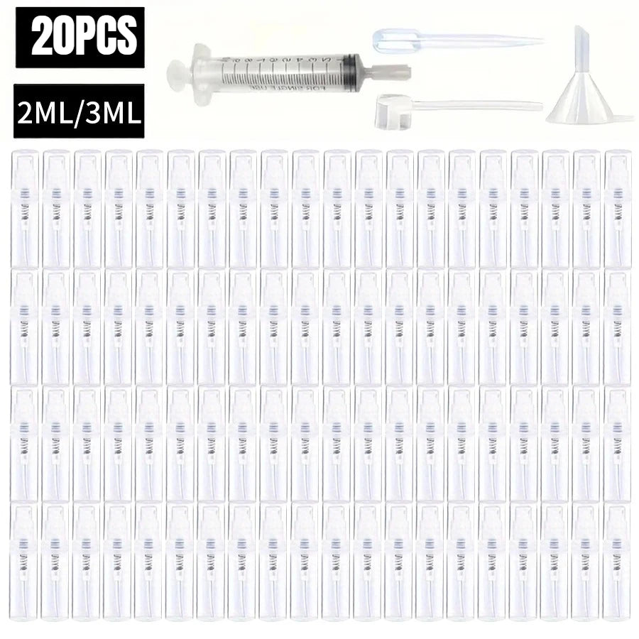 100 Spray Bottles 2ML/3ML- Odorless, BPA-free clear refillable travel atomizer, portable mini-sprayer for perfume and cosmetics Qme Plastic 20pcs 3ml