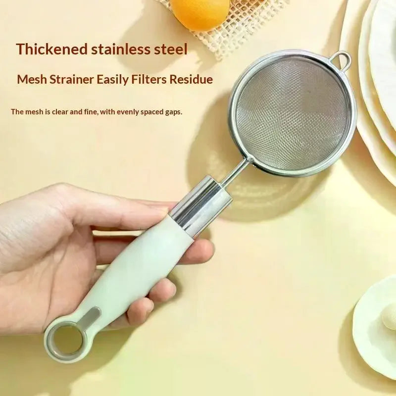 Stainless Steel Mesh Filter Spoon Juice Soybean Milk Strainer Plastic Handle Flour Sieve Colander Kitchen Baking Utensils Qme