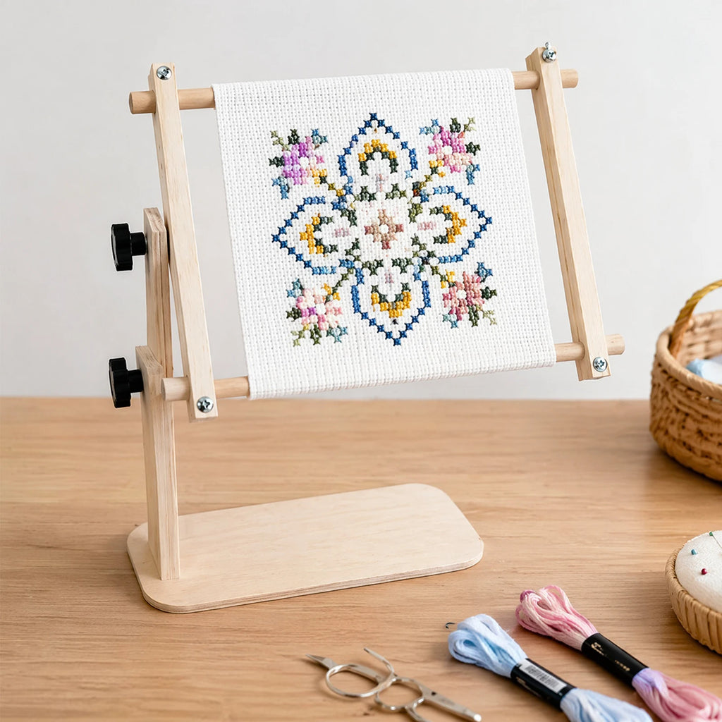 Adjustable Tabletop Embroidery Stand Multi-Purpose Hands-Free Cross Stitch Frame Holder Wood Scroll Frame for Stable Stitching Qme