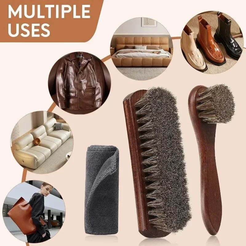 Horsehair Shoe Brush Beech Wood Handle Leather Suede Cleaning Soft Qme