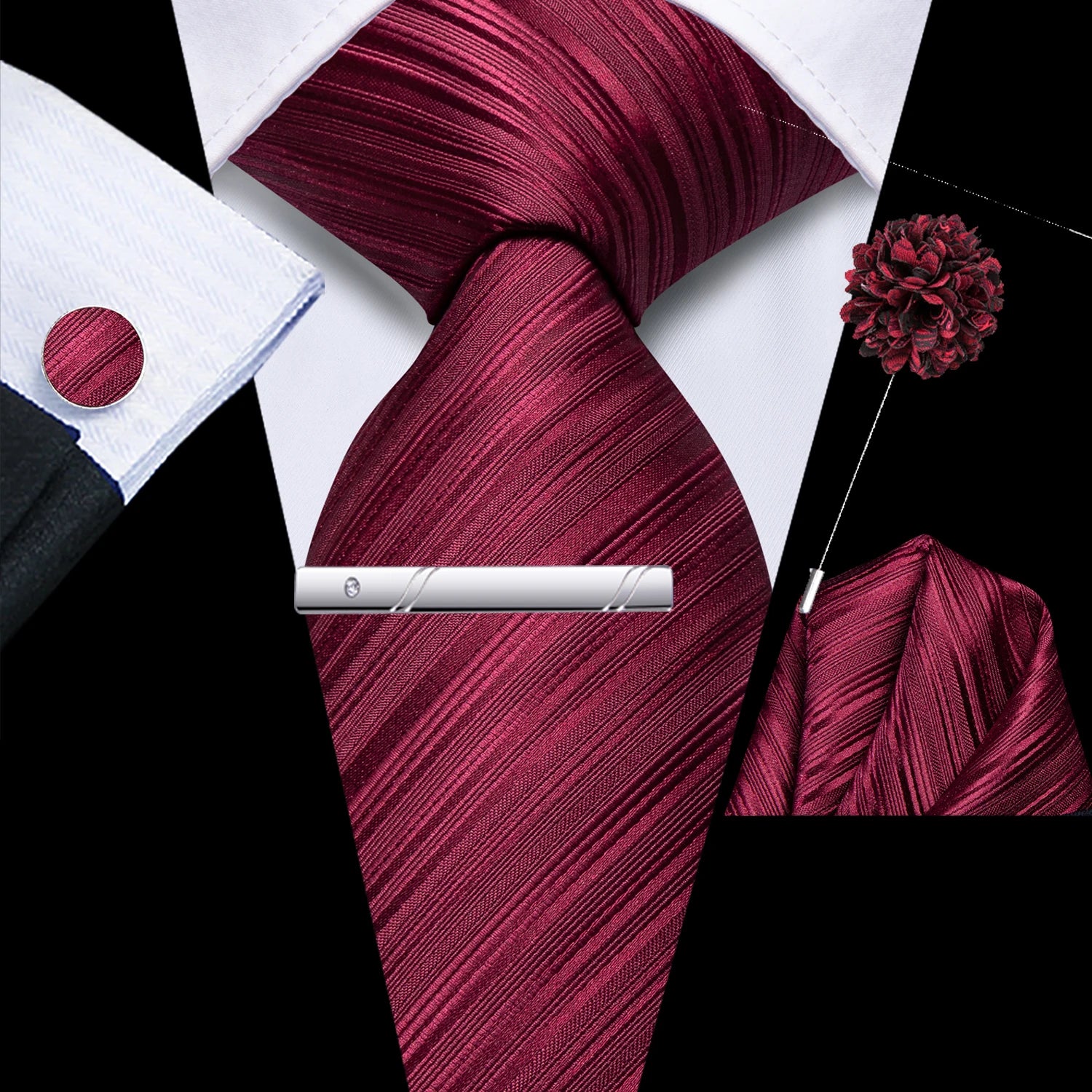 Hi-tie Men Fashion Necktie Burgundy Handkerchief Cufflinks Tuxedo Qme HT-N-0230XH-0056D-02
