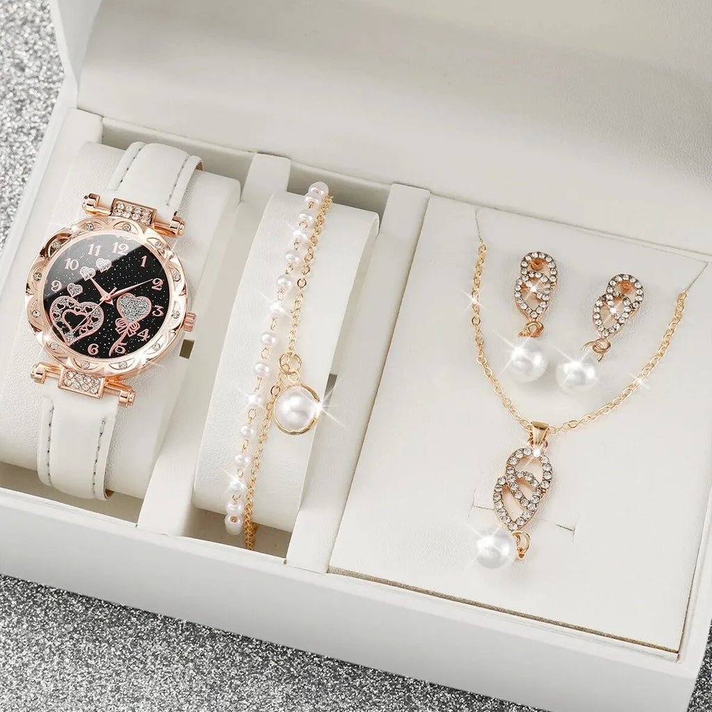 Women 4Pcs Watch Jewelry Set Rhinestone Heart Dial Leather Quartz Watch Pearl Necklace Earrings Bracelet Gift Set Qme Bronze