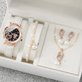 Women 4Pcs Watch Jewelry Set Rhinestone Heart Dial Leather Quartz Watch Pearl Necklace Earrings Bracelet Gift Set Qme Bronze
