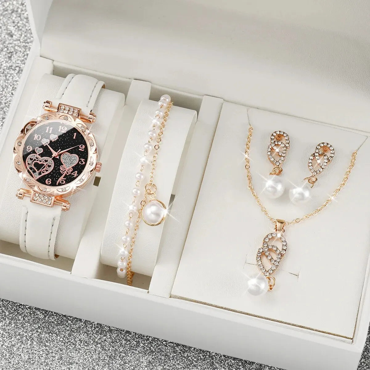 Women 4Pcs Watch Jewelry Set Rhinestone Heart Dial Leather Quartz Watch Pearl Necklace Earrings Bracelet Gift Set Qme Bronze