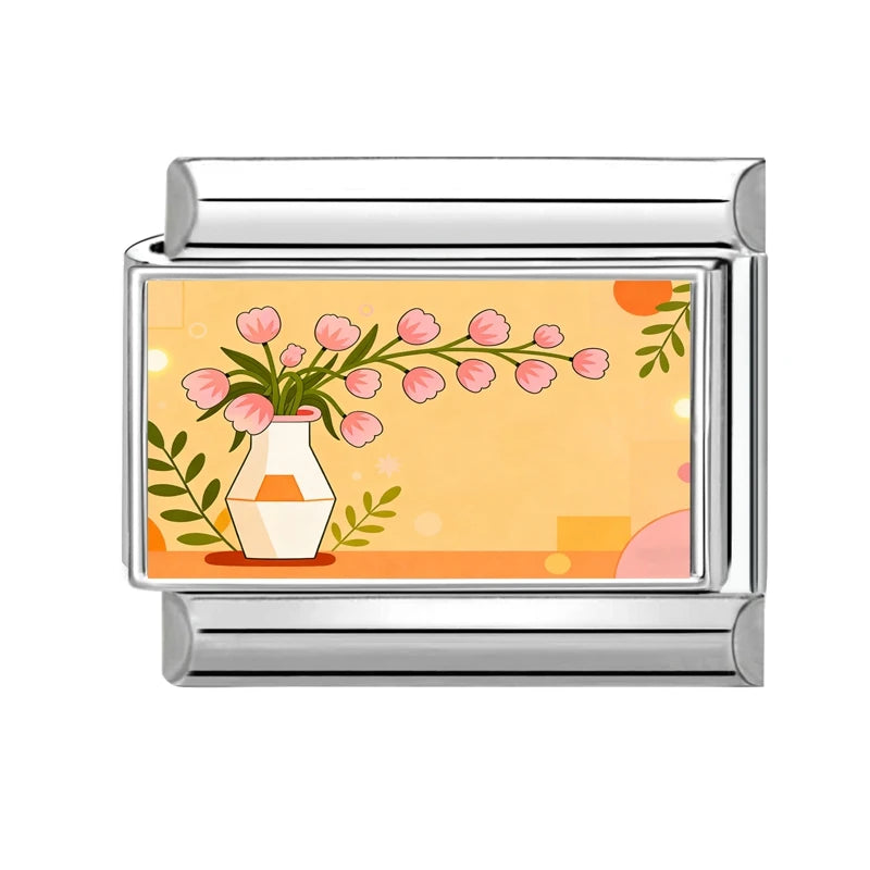 Fashion Pink Skyscraper City Scenery Fish Cat Vase House Italian Charm Link fit 9mm Stainless Steel Jewelry DIY Making Bracelets Qme Style 29