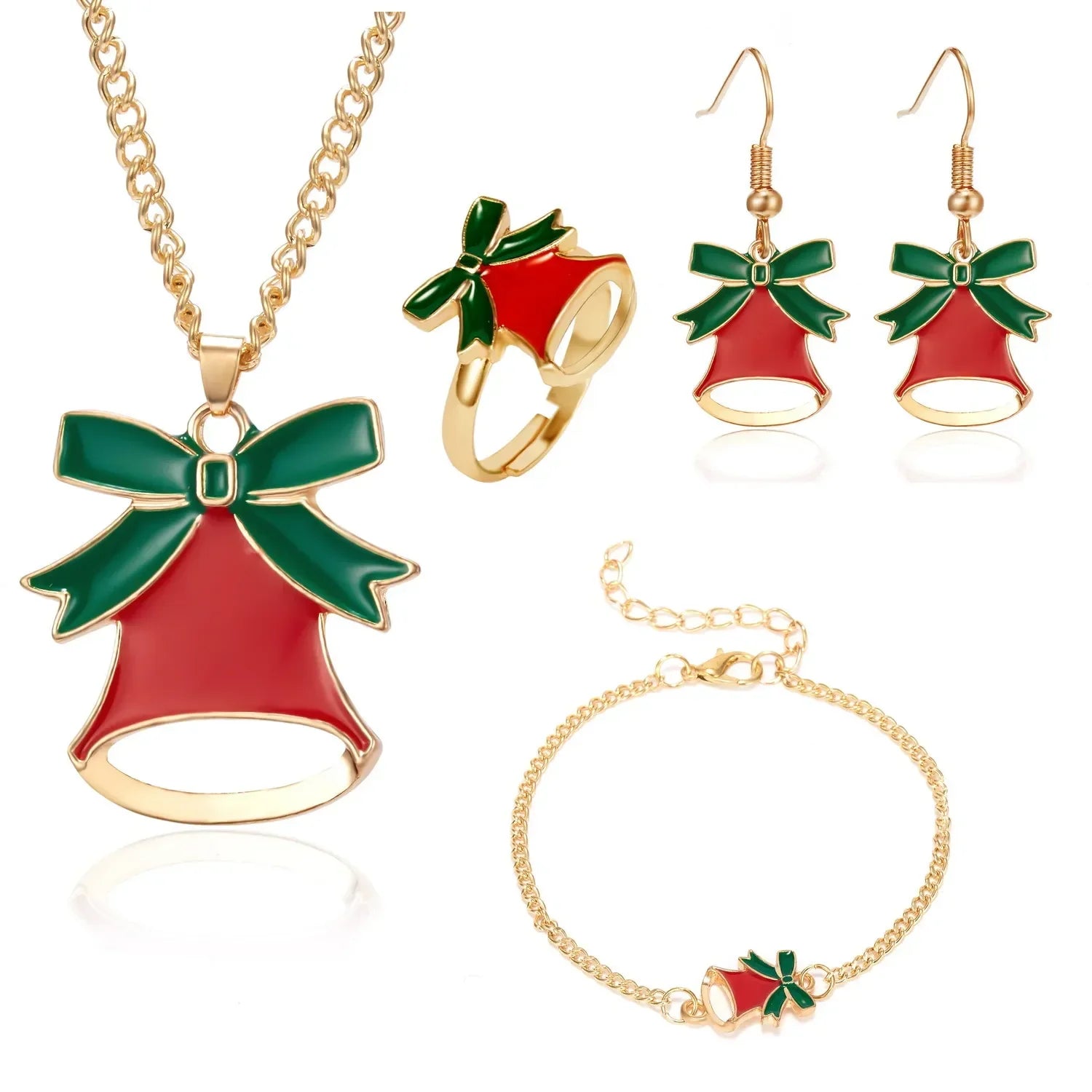 4PCS/Set Christmas Women Alloy Jewelry Set Santa Elk Bell Earrings Necklace Bracelet Decor Xmas Accessories Gift for Girl Women Qme