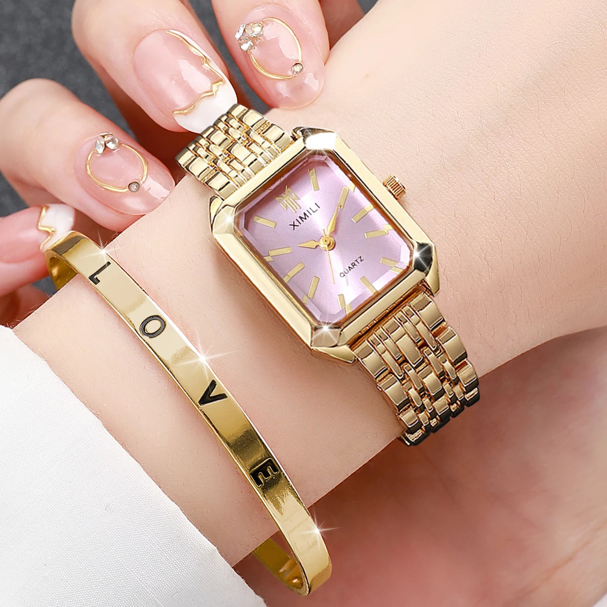 2 Pcs Fashion Women's Watch Bracelet Set Luxury Gold Steel Band Ladies Watches Quartz Watch Mujer Girls Watch Gift Qme 3