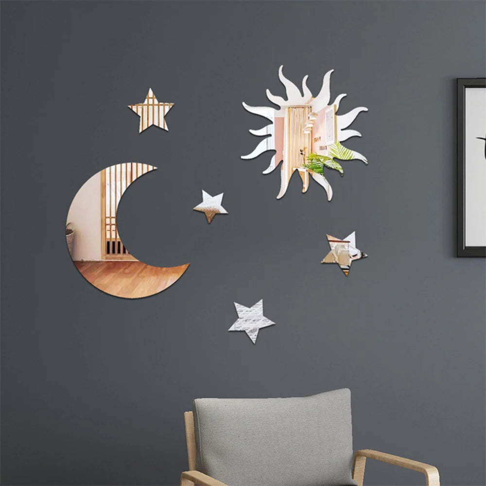 Home Sticker 6PCS Star Moon Combination Mirror Acrylic Stereo Self Adhesive Diy Bedroom Living Room Can Be Removed Wall Stickers Qme