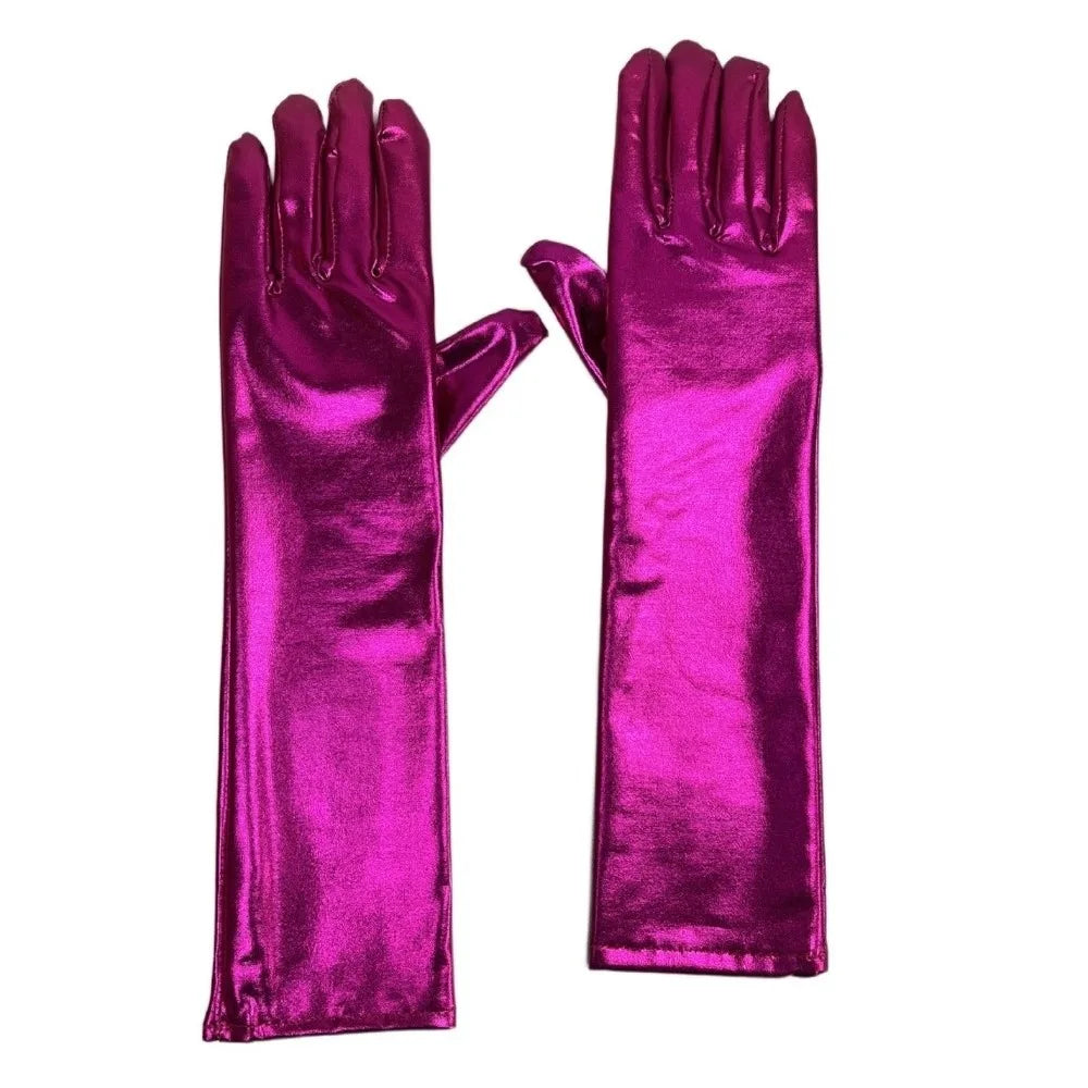Simple Solid Color Patent Leather Gloves Elastic Shiny Long Gloves Sun Protection Lolita Women Mittens Halloween Cosplay Qme Rose Red