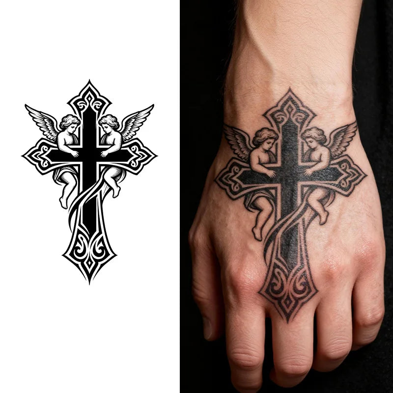 Cross & Angel Temporary Tattoo, Herbal Semi-Permanent Waterproof 7-15 Days, Mystical Religious Fake Tattoo for Arm & Leg Qme
