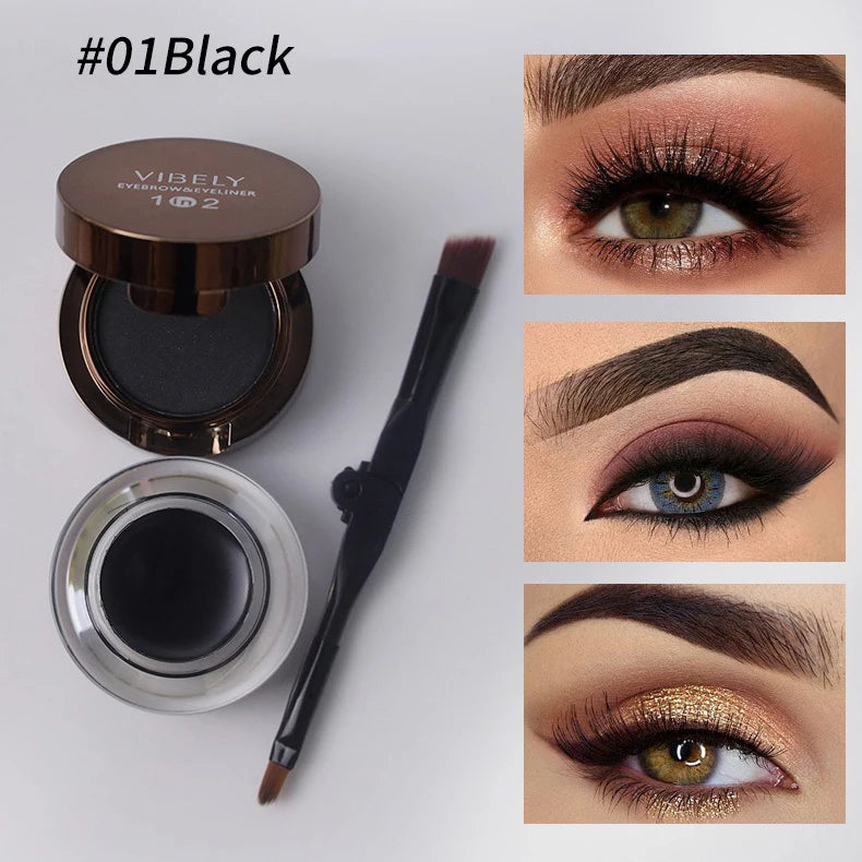 2 in 1 Eyebrow Powder & Eyeliner Gel High Pigment Silky Smooth Waterproof Long Lasting Dual-Ended Brush with Mirror Makeup Qme 01