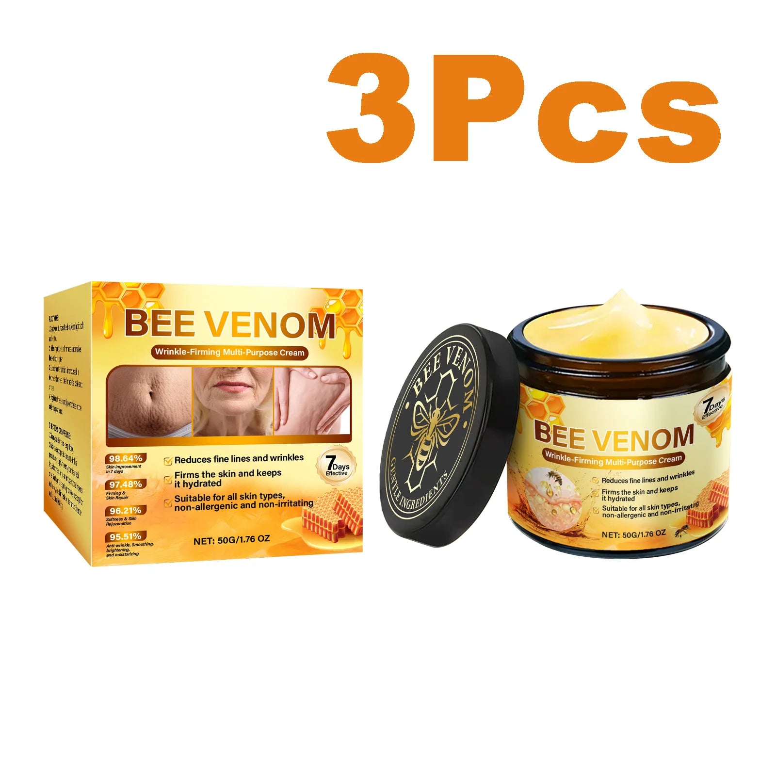 Bee Venom Firming Cream Anti-Wrinkle Lifting Face Moisturizer with Hyaluronic Acid Reduce Fine Lines Multipurpose Bee Venom Crea Qme 3 x 50g Boxed