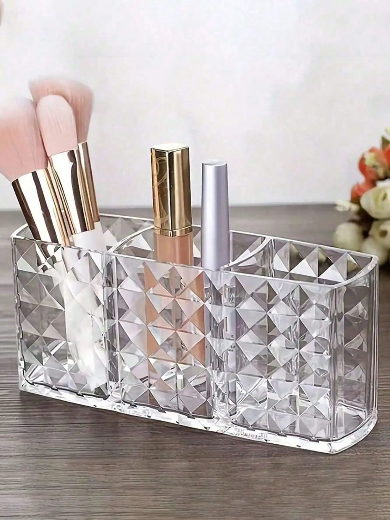 Clear Acrylic Makeup Brush Organizer 3 Compartments Cosmetic Storage Qme