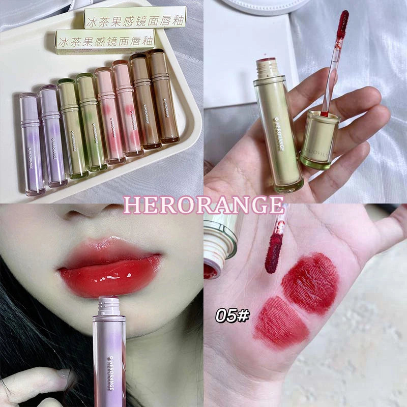 Iced Tea Mirror Lip Glaze Watery Lip Gloss Waterproof Lasting Transparent Jelly Liquid Lipstick Womon Beauty Makeup Lip Cosmetic Qme 05 HERORANGE