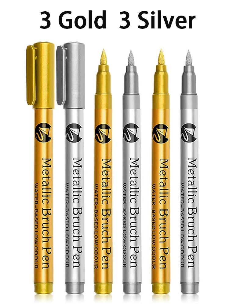 Metallic Paint Marker Pens, Brush Tips, Waterproof, Permanent Art Marker For Manga Crafts Scrapbooking Stationery Supplies Qme 3 Gold 3 Silver