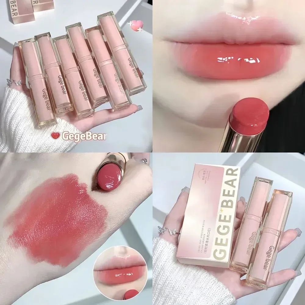 6 Colors Silky Glossy Lipstick Gege Bear Pump Lips Moisture Water Comfortable Ultra Sheen Non-Stick Cup Lip Balm Qme