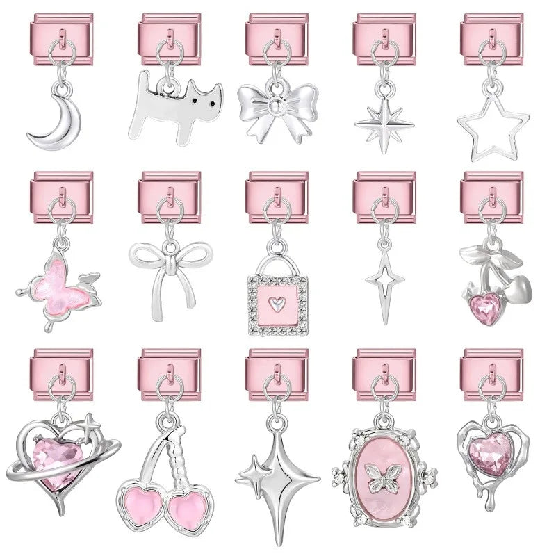 2026 Sweet Cute Cat Heart Zircon Butterfly Moon Star Pendant Italian Charm Links Fit 9MM Stainless Steel Bracelet DIYMaking Gift Qme