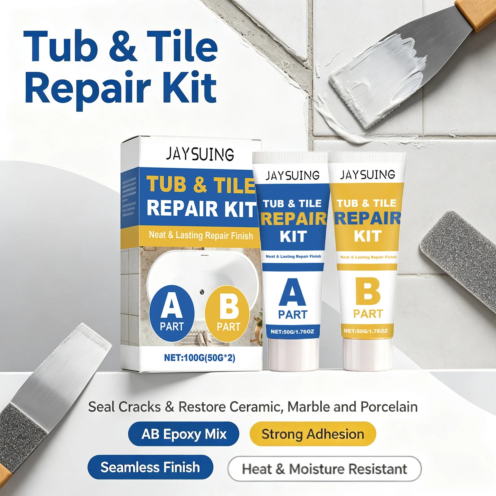 Tub & Tile Repair Kit Repair Damaged Tile Bathtub Fill Cracks Waterproof Stain-Resistant Ceramic Marble Crack Filler Sealing Set Qme