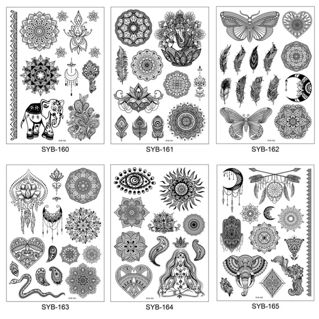 A 4/8 Water Transfer Stickers Mandala Henna Tattoo Stickers Fake Instant Henna Temporary Tattoo Indian Mehndi Flower Waterproof Qme 6pcs SYB-160SYB165