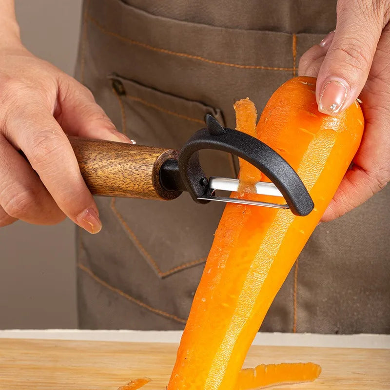 2-Piece Wooden Handle Stainless Steel Peeler,Straight & D-shaped Fruit Vegetable Melon Planer,Wooden Grip Peeling Kitchen Tool Qme