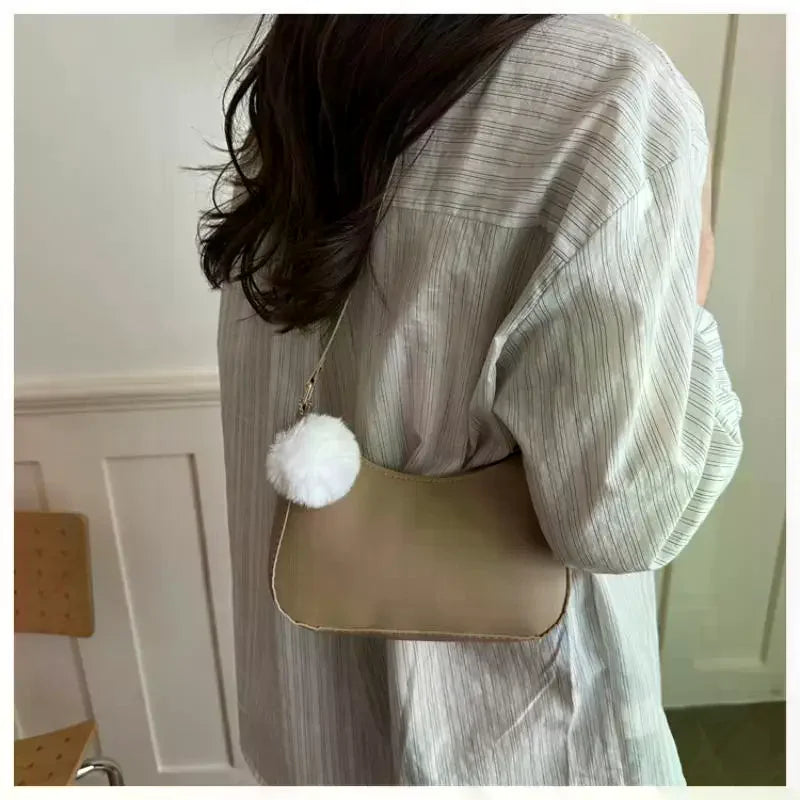 1Pcs Trendy And Simple Solid Color New Small Square Bag High Quality Fashion Single Shoulder Armpit Bag With Hairball Qme