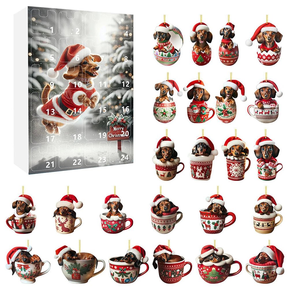 24 Days Christmas Countdown Calendar W/Dachshunds Figure Ornaments Xmas Advent Calendar Xmas Gifts for Dog Lover Qme B One Size