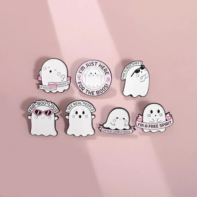Cartoon Sunglasses Ghost Boo Enamel Pins I'm a Free Spirit This is Boo Sheet Brooches Lapel Badge Spooky Jewelry Gifts Wholesale Qme