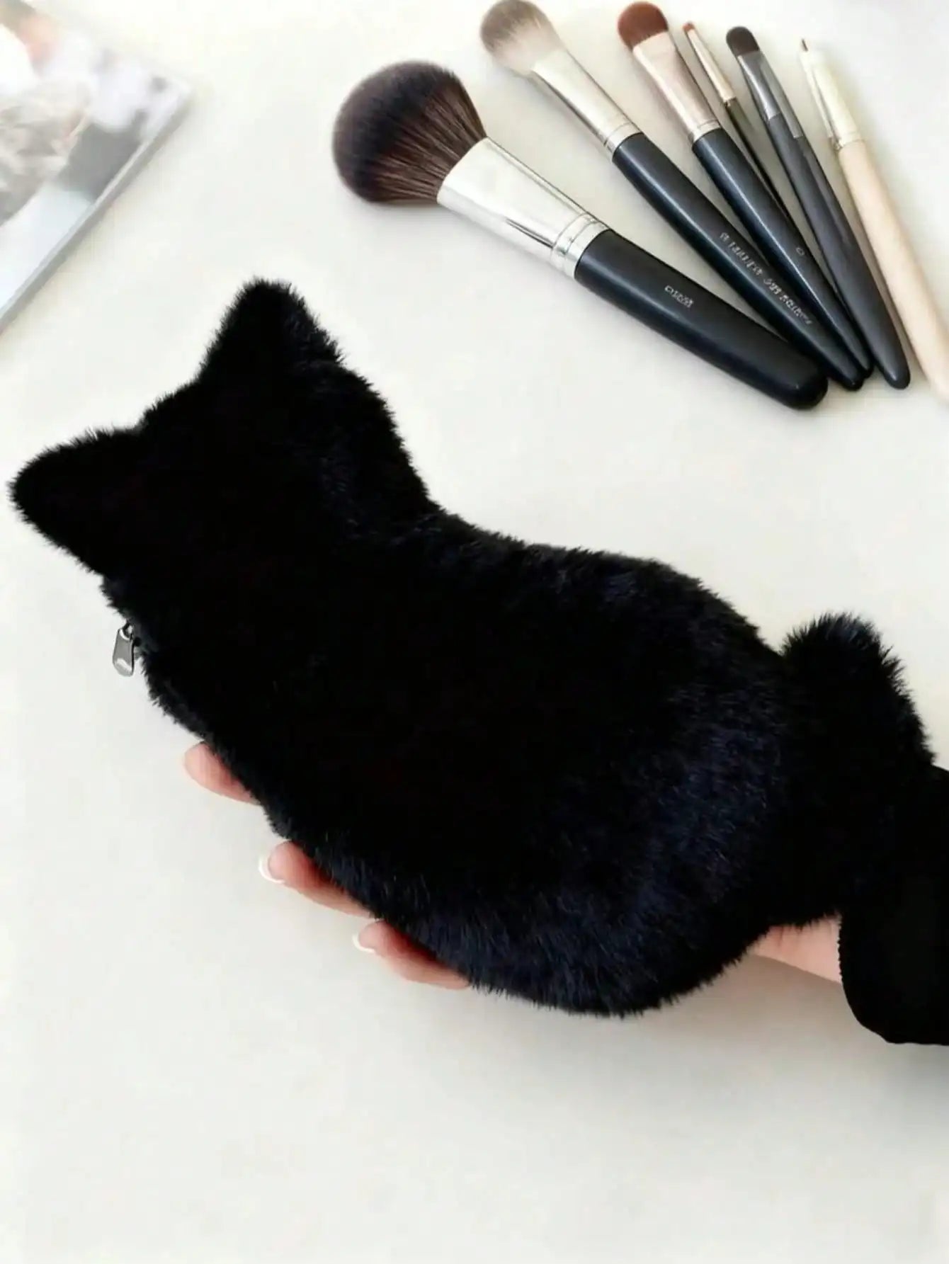 Japanese Cat Plush Pen Bag Student Large Capacity Cute Appearance Qme black