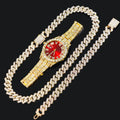 Fashion Rhinestone Wrist Watch & Hip Hop 14MM Prong Cuban Chain & Rapper Cuban Necklaces Set, Punk Party Gift Qme Ivory No