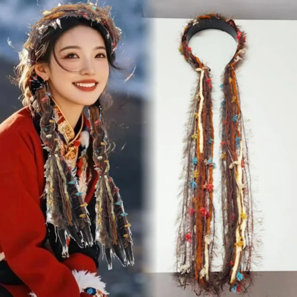 Boho Style Chinese Tibetan Hairband Colorful Ribbon Long Tassel Braid Hairband Candy Colored Weaving Ethnic Hair Hoop Qme Coffee