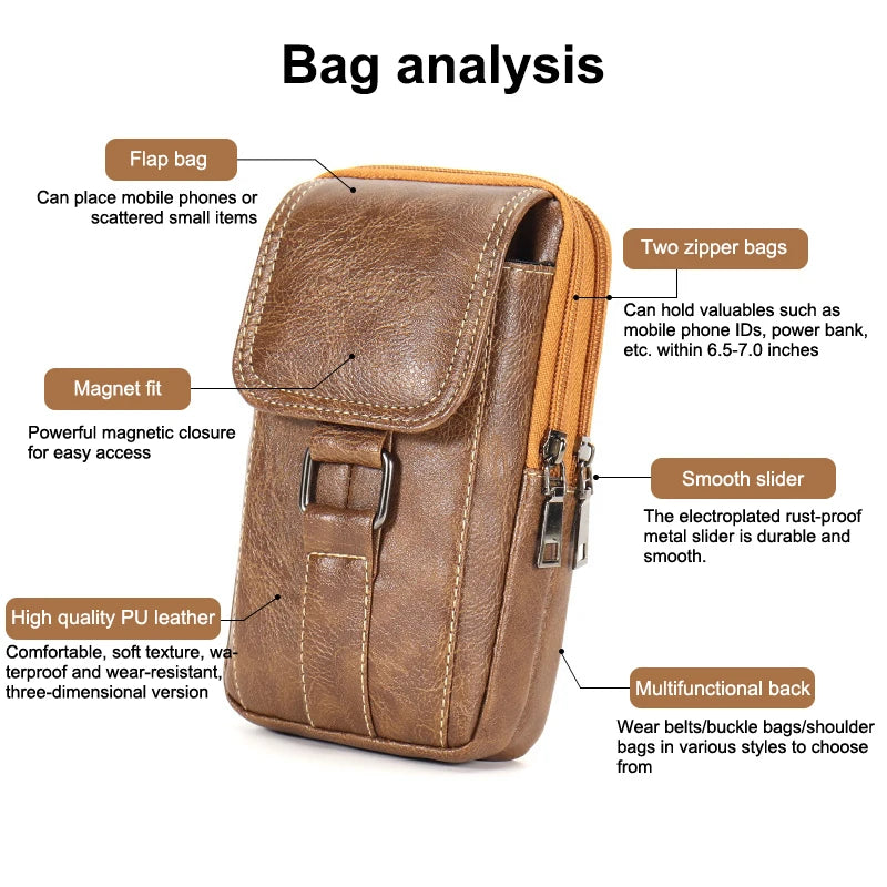 Vintage PU Leather Waist Strap Bag Waterproof Hook Chest Multi Layer Qme