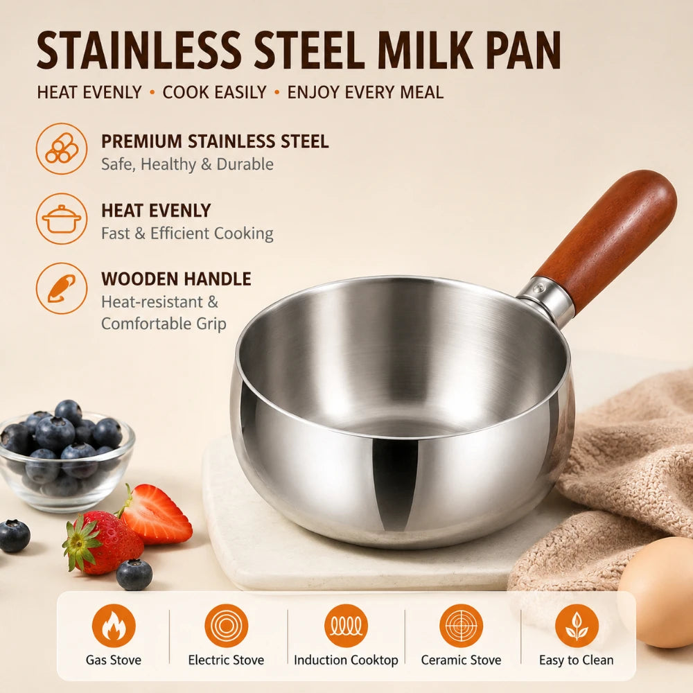 1/3 Optional Kitchen Cookware Stainless Steel Milk Pot Wooden Handle Non Slip Base Even Heat Performance For Induction Cooking Qme