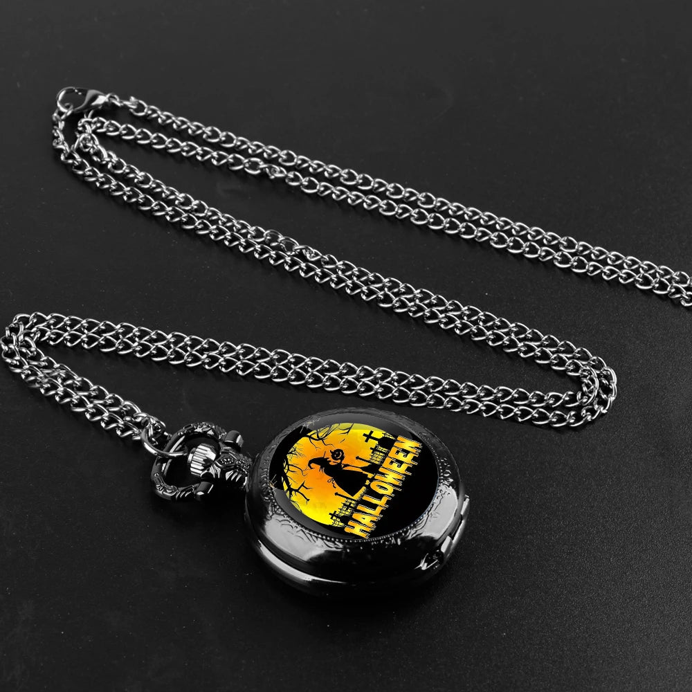 Black quartz pocket watch with Halloween glass dome, Arabic numeral dial and durable chain Qme
