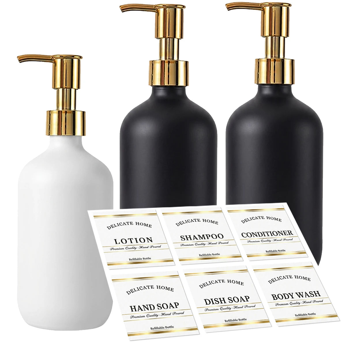Delicate Home Refillable Shampoo Conditioner Body Wash Bottles Set of 3 Matte Black & White Plastic Pump Bottles Luxury Bathroom Qme type A