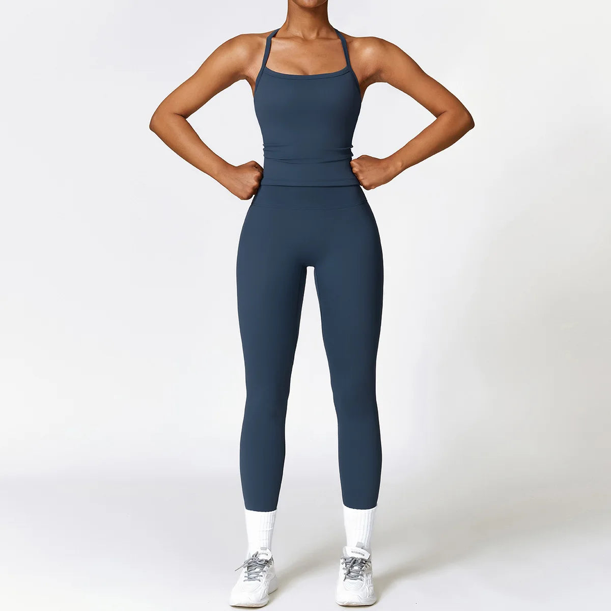 A 2PCS Yoga Suit Sports Set Gym Set Women Tracksuit Running Workout Clothes Long Sleeve Sports Bra Athletic Wear Yoga Clothing Qme 2pcs Deep blue1 L