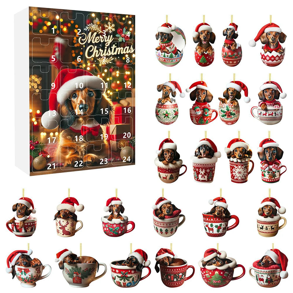 24 Days Christmas Countdown Calendar W/Dachshunds Figure Ornaments Xmas Advent Calendar Xmas Gifts for Dog Lover Qme A One Size