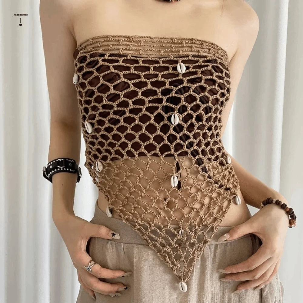 Boho Solid Triangle Hip Scarf Shell Mesh Crochet Short Skirt Wrap Qme