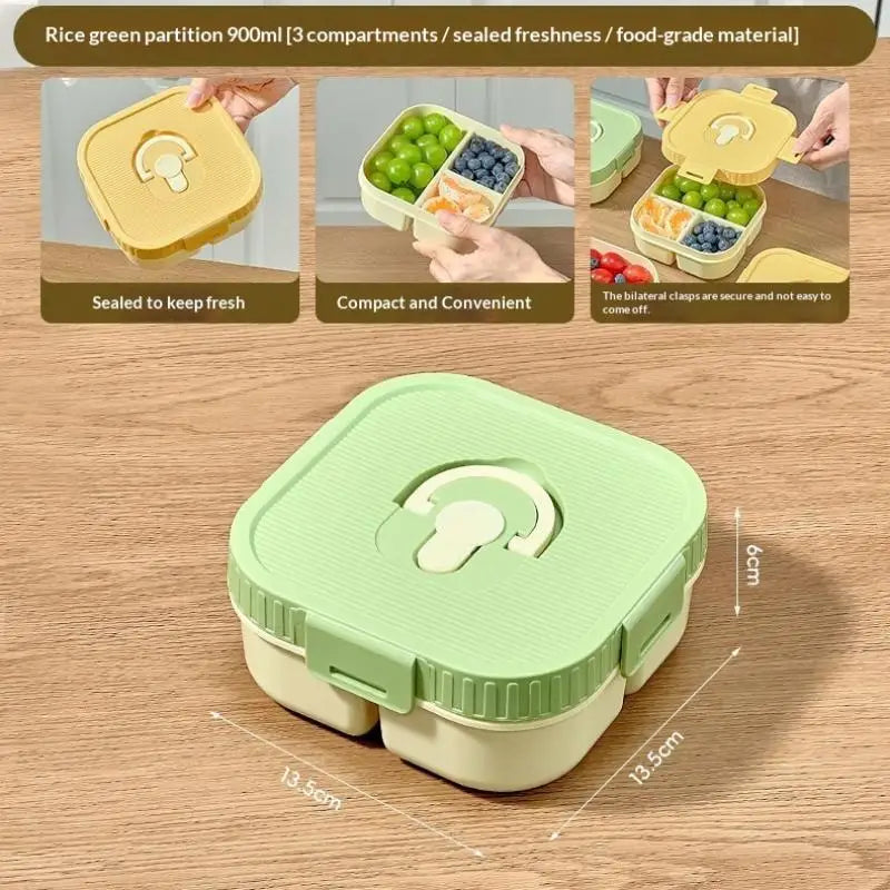 Portable Plastic Lunch Box Compartment Microwave Safe Fruit Salad Qme Three grid Green