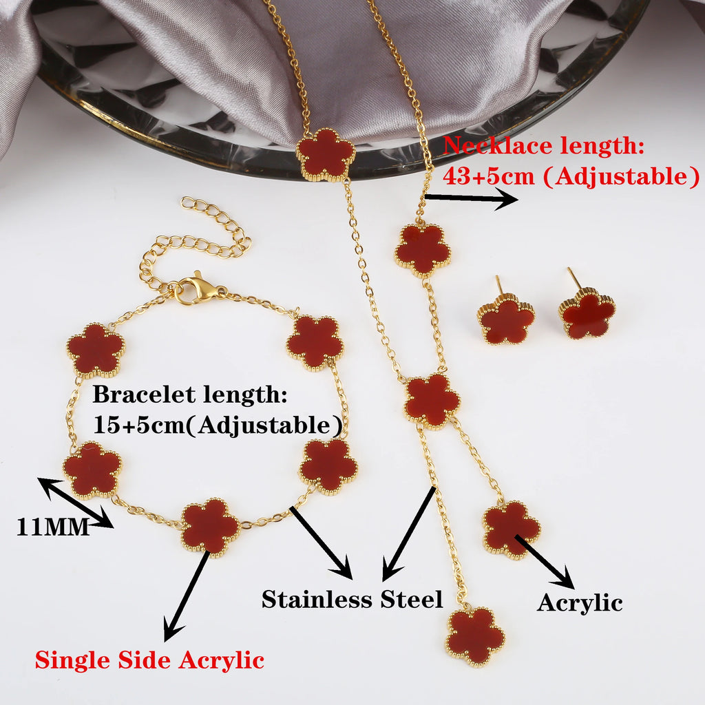 Classic Stainless Steel Five Leaf Flower Set Bracelet Necklace Earrings Luxury for Woman Party Daily Wear Jewelry Free Shipping Qme