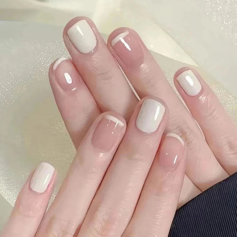 French Cream Nude Short Square False Nails Jelly Adhesive Detachable Qme