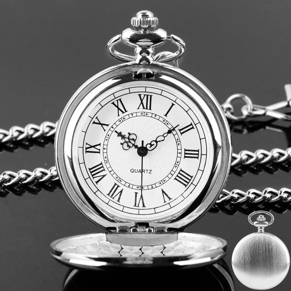 FOB Pocket Watch with Luxury Smooth Silver Pendant, Modern Analog Clock with Roman Numerals,Unisex Chain, Gift Qme Silver