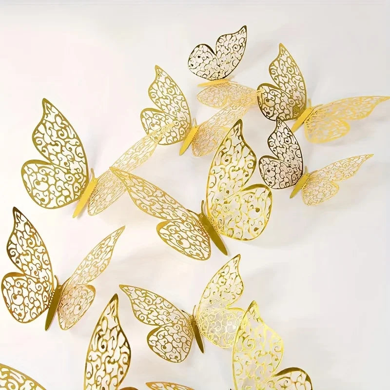 12 Hollowed Out Butterfly Wall Stickers Three-dimensional Simulation Qme Gold