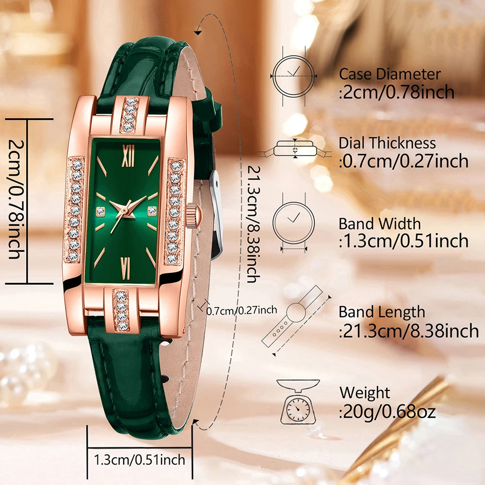 Rose gold diamond encrusted rectangular women's leather strap watch, available in red and green colors, vintage Roman stone watc Qme
