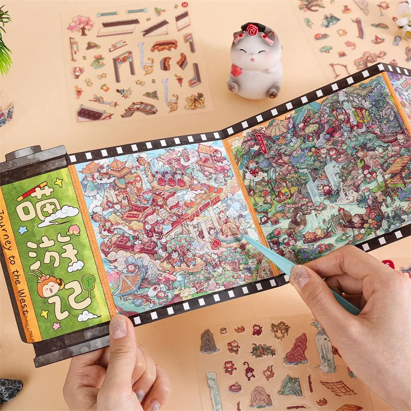 TIANZI 28/56 pcs Immersive Experience Sticker Series: "With Meow in Roleplay" Scroll Scenery Stickers - Cute Cat Stacking Scenes Qme 2B