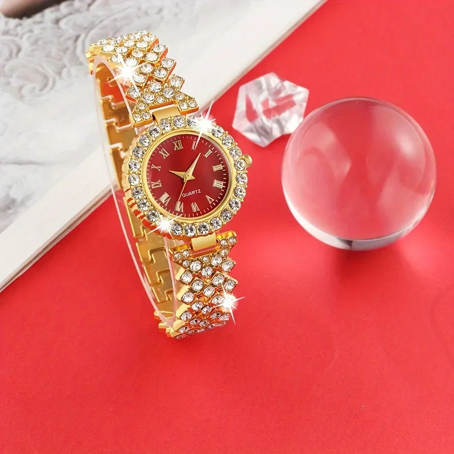 5pcs/set Luxury Ladies' High-End Diamond-Encrusted Steel Chain Watch with Fashionable Small Dial Qme
