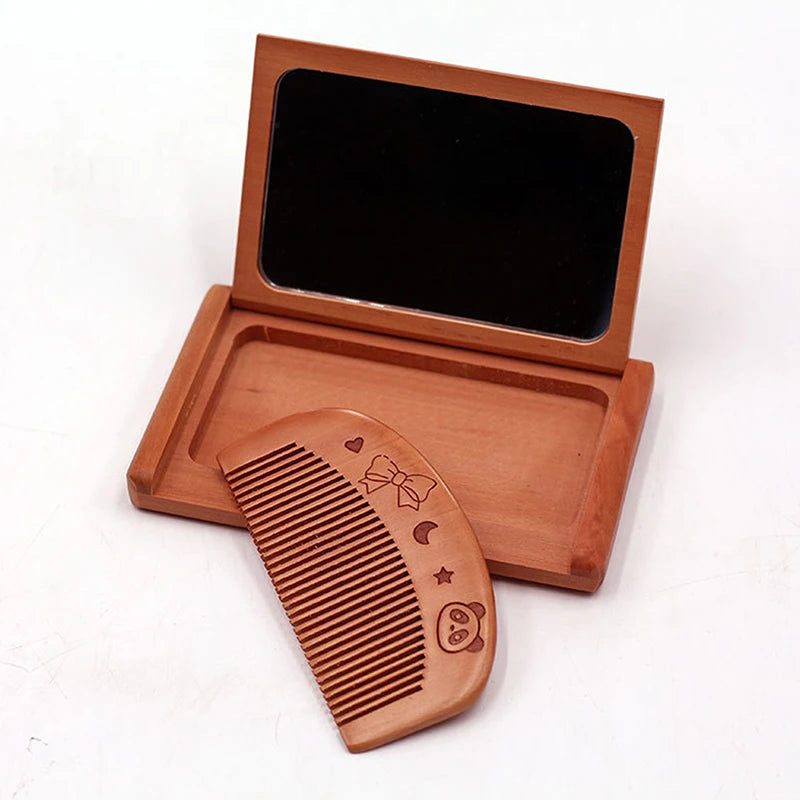 Girl Lady Durable 1 Wooden Comb Mirror Mini Vintage Makeup Peachwood Qme