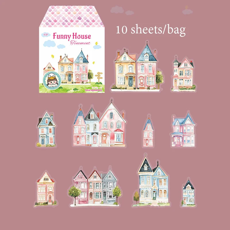10 Sheets/Bag Lovely House Scene Stickers for Creative Scrapbook Journal Planner Office Stationery Phone Case Decoration Gift Qme 1